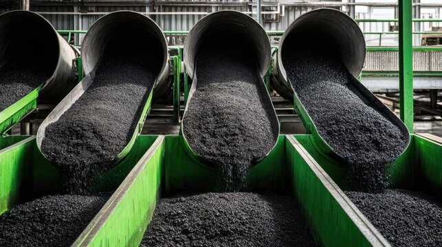 Industrial site showcasing multiple chutes pouring black material into green containers, highlighting manufacturing process