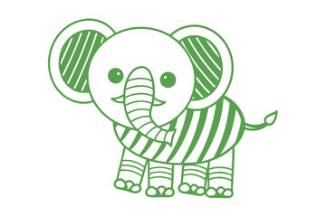 Adorable green outline depicts a cartoon elephant featuring stripes and a charming smile