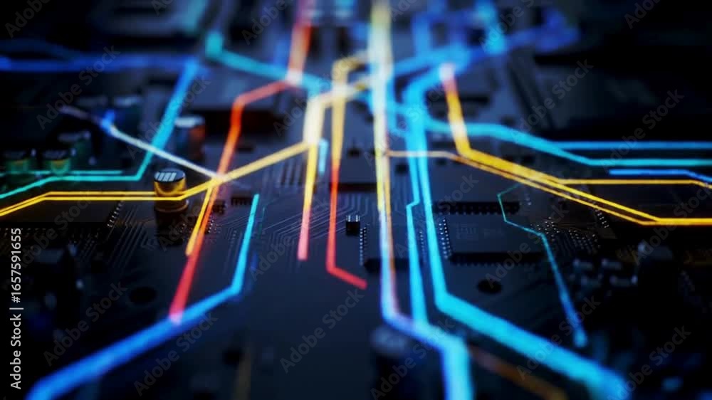 Poster abstract close-up of a dark circuit board with glowing blue, yellow, orange, and teal lines represen