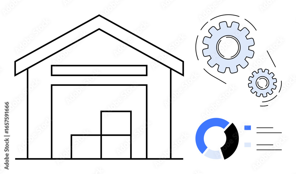 Poster warehouse outline with stacked boxes, gears symbolizing process automation, and chart for data analy