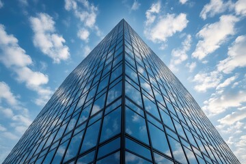 Obraz premium Modern Skyscraper Facade Reflecting Blue Sky and Clouds Architecture Urban Scene