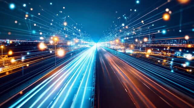 Expressway at night with light trails and digital overlay