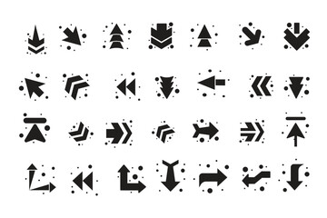 Fototapeta premium Black abstract arrow icon set with dotted and circuit line decorative elements modern navigation pointer vector collection for infographic web user interface and creative design projects