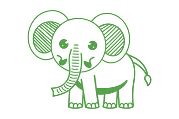 Cartoonstyle green elephant showcases cute face, big ears, and curly trunk outline