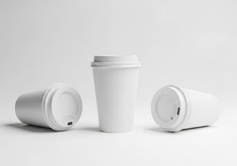 Three blank white disposable coffee cups on a white background