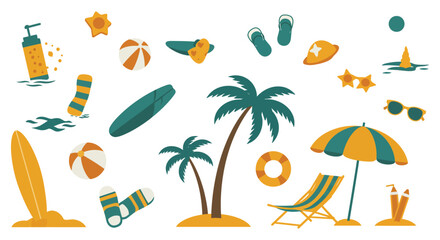 A collection of beach and summer vacation themed icons and objects silhouette