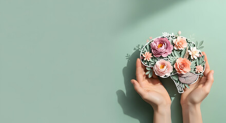 Mental Health Brain Wellness Concept Hands Holding Flowers in Brain Shape