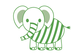 Adorable outlined elephant illustration features unique green stripe pattern and gentle eyes, creating a simple artwork
