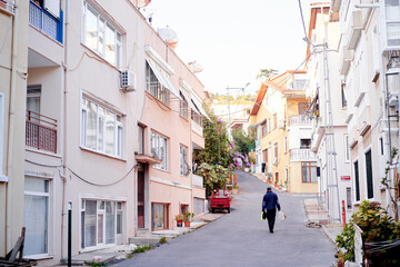 Quiet Residential Street View with Pedestrian and Colorful Houses Under Daylight