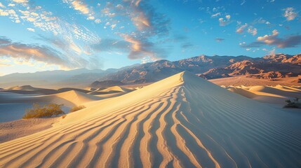 Sand dunes with textured patterns under a blue sky with mountains in the distance at sunset time
