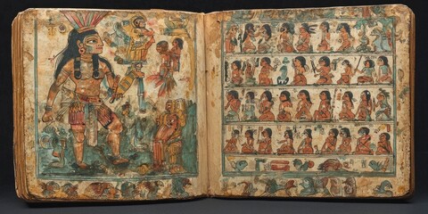 Open ancient codex with colorful Aztec-style drawings of deities, animals, and symbolic figures on weathered pages with grid-like layout. Generative by AI.