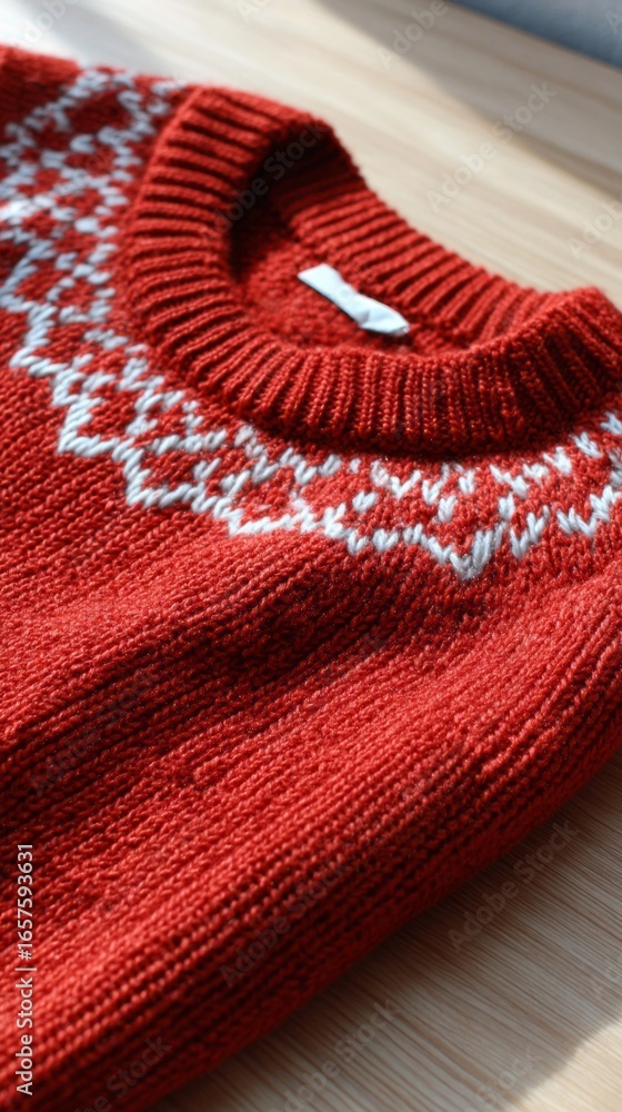 Poster close-up view of a knitted red sweater showcasing intricate patterns and fine craftsmanship