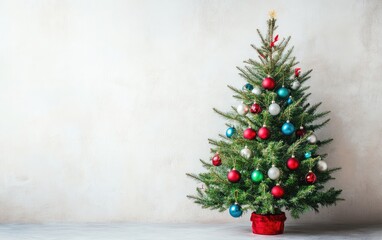 Merry Christmas and a happy new year with a decorated green fir tree for the winter holiday season