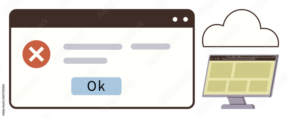 Poster error message box with ok button, an exclamation mark in red circle, monitor displaying grid interfa