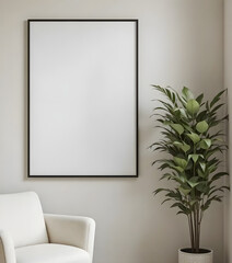 Elegant Contemporary Living Room Interior Poster Art Frame Mockup Featuring Vertical Blank White Frame with Black Border, Wooden Leg Mid-Century Modern Sofa, Decorative Green Indoor Plant Beside Light