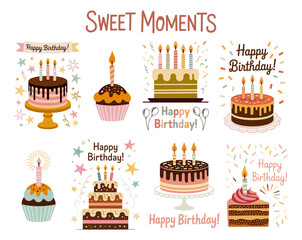 Set with birthday cakes, candles, balloons, and festive decorative elements, perfect for greeting cards, party invitations, and celebration designs. Flat vector illustrations isolated