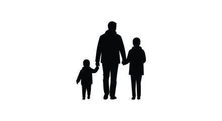 A silhouette of a man walking with two children holding hands