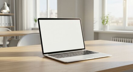 Bright Minimalist Laptop Mockup with Blank Screen on Wooden Desk