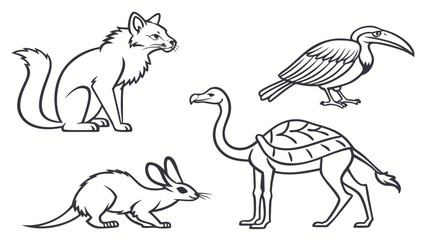 Fox, Hornbill Bird, Mouse and Fantasy Camel-Turtle Hybrid Line Art – Animal Vector Illustrations, Wildlife Sketches, Cartoon Zoo Creatures Clipart for Coloring Pages.