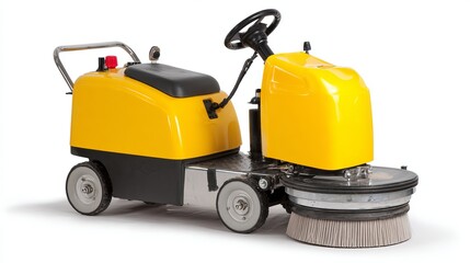 Fototapeta premium Yellow industrial floor scrubber ready to clean commercial spaces with efficiency and ease