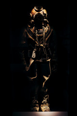 Fototapeta premium Vintage Deep-Sea Diving Suit Displayed in Dark Background
