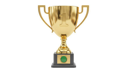Gold Trophy with Number One Symbol on Pedestal Isolated on White Background Victory Success Award