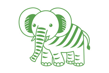 Cartoon elephant stands outlined in vibrant green, featuring unique stripes on its body