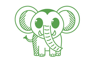 A stylized green elephant cartoon appears with simple outlines and endearing features