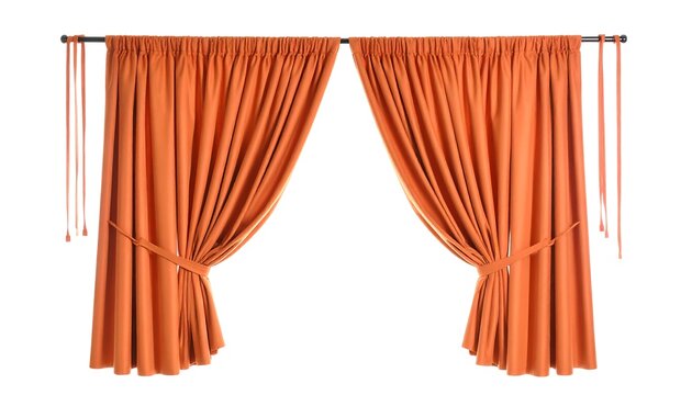 Elegant orange window curtains hanging on a rod with tie-backs, isolated on a clean white background. Concept of home interior design and decoration.