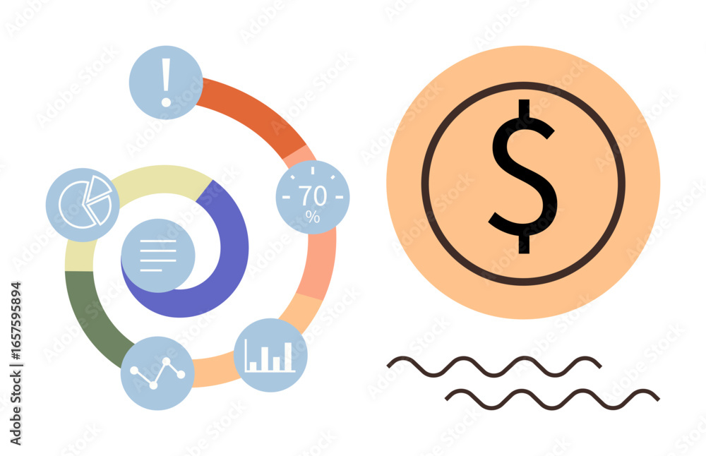Poster circular data metrics with charts, percentages, and icons paired with a bold dollar symbol and wave 