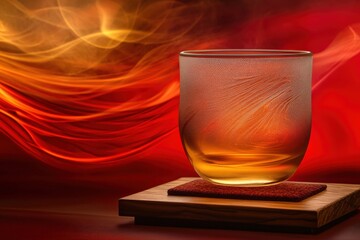 A glass of warm beverage on a wooden coaster against a backdrop of dynamic red and orange light.