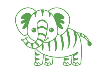 Cute cartoon elephant with green stripes happily waves its trunk, isolated