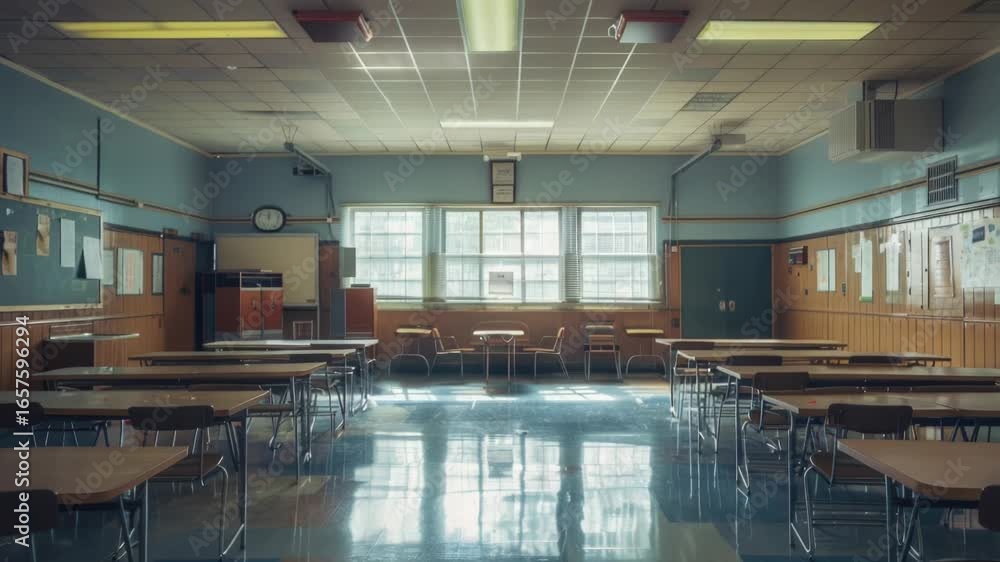 Poster a typical classroom setting with rows of desks and a large clock on the wall