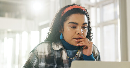 Laptop, thinking and research with business woman in office for internship, web designer or...