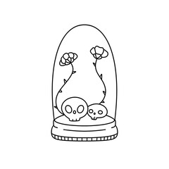 A glass vase with two skulls and a flower inside