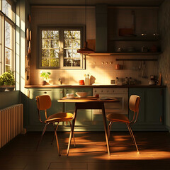kitchen 1950s europe warm light ultra realistic table two chairs