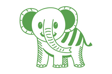 Cartoon elephant outlined in green displays a happy expression on a solid white background
