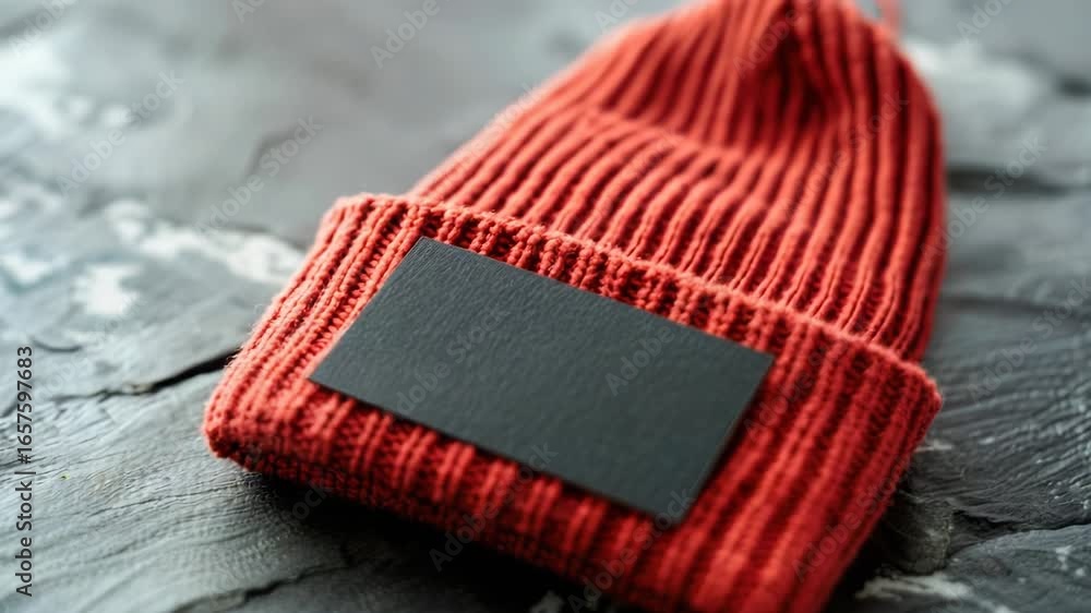 Poster a bright red hat with a black label on it, perfect for adding a pop of color to any scene