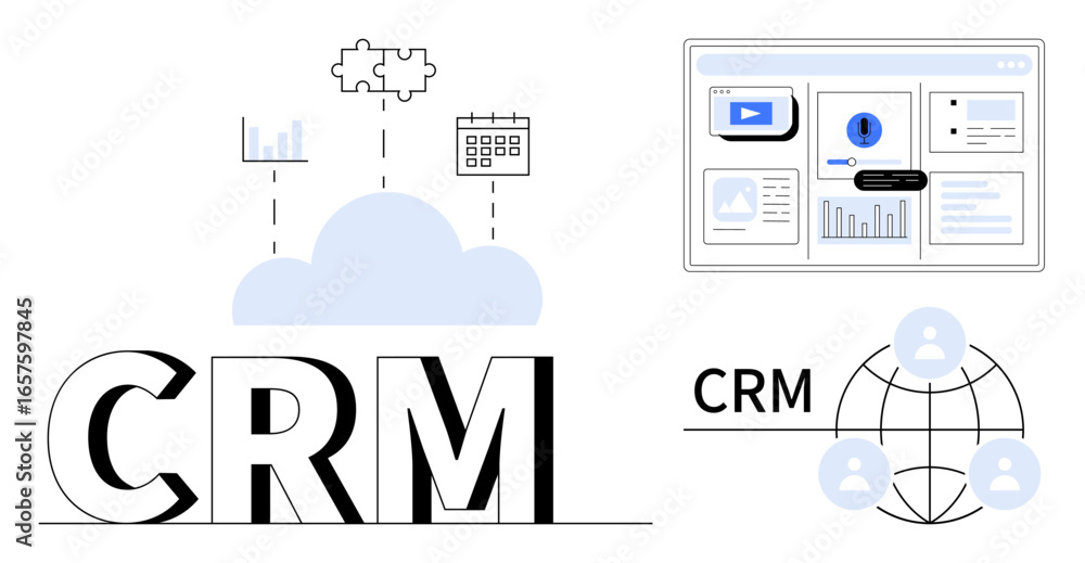 Poster crm text with cloud, puzzle piece, graph, and calendar, web dashboard showcasing analytics and profi