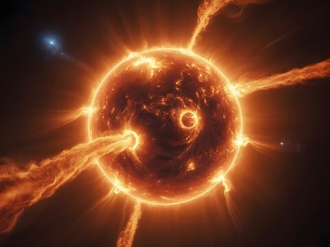 Fiery sun erupting with solar flares and plasma streams in deep space. - Powered by Adobe