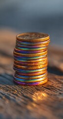 Iridescent coins stacked on weathered wood at sunset