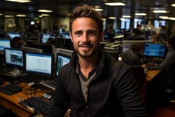 Young professional man smiles confidently while seated in an office filled with coworkers and computer screens. The atmosphere shows a busy work environment during evening hours