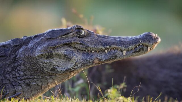 Detailed close-up shot of a Yacare Caiman head with sharp teeth visible, illuminated by warm natural light, in its wetland habitat in northern Argentina. Ibera Wetlands.