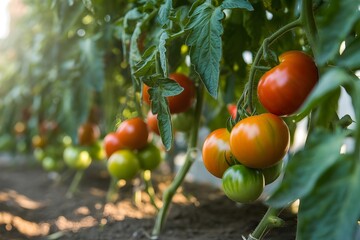 Ripe red and green tomatoes growing on vines in a greenhouse.