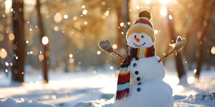 Happy snowman with carrot nose, colorful scarf, and wool hat standing in snowy forest during sunset with falling snowflakes