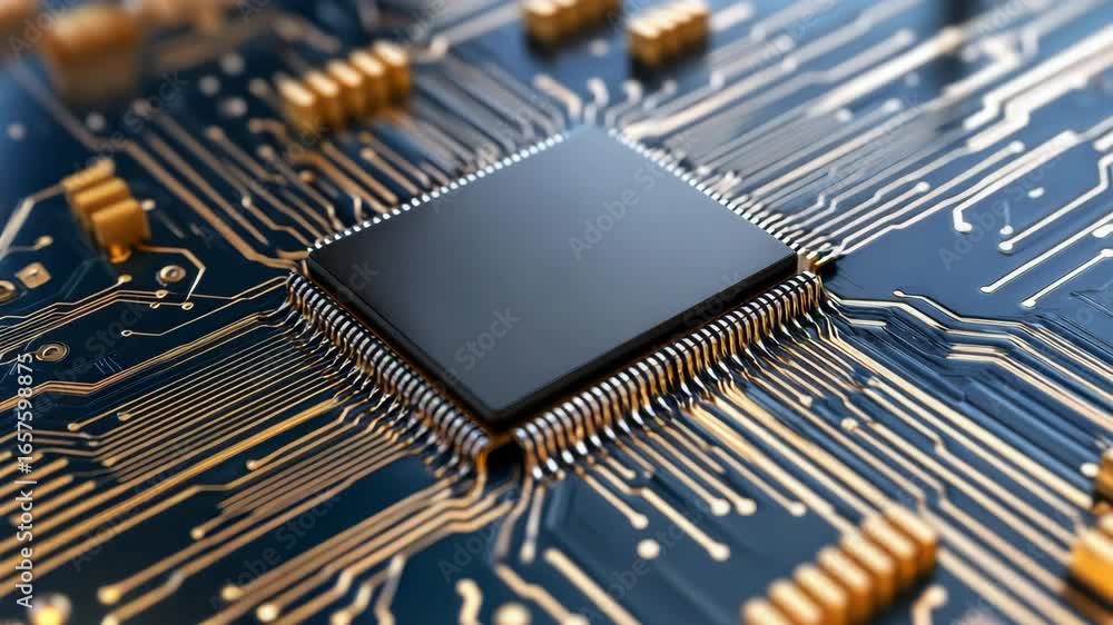 Poster high tech microchip and circuit board showcase with intricate connections and glowing elements