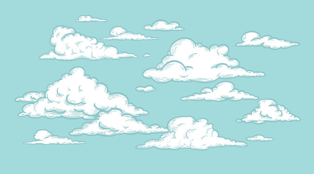 Set of clouds in sketch hand drawn vintage retro style. Cloudscape blue background. Vector illustration.