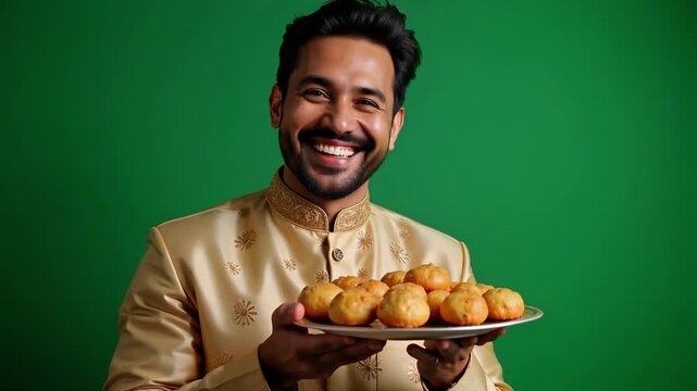 Joyful Indian man in vibrant silk kurta offers sweet treats, radiating Diwali celebration warmth close-up on green screen