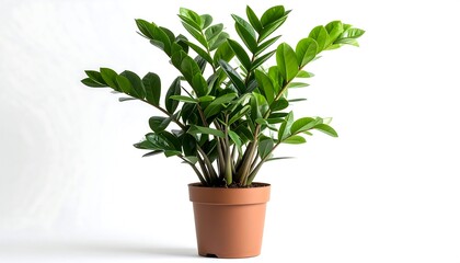 Obraz premium Lush Green ZZ Plant in Terracotta Pot Against a Clean White Background.
