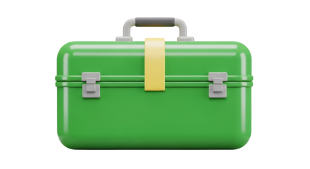 Green Tool Box with Clasps and Handle Isolated on White Background for Repair or Construction